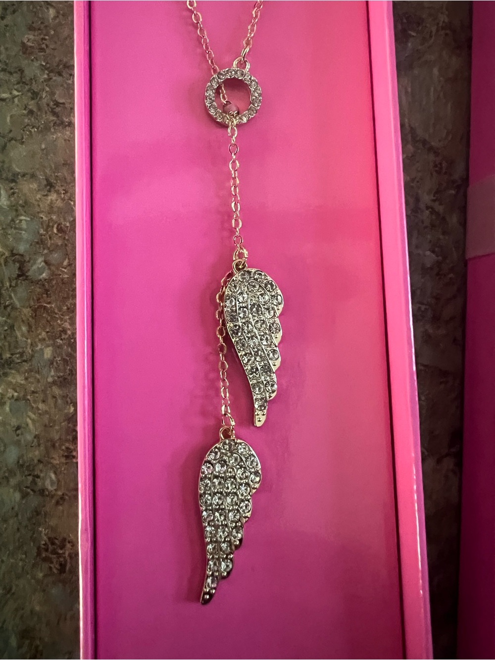 Victoria's Secret Gold-tone Pink Boxed Crystal Angel Wing Drop Necklace - Picture 2 of 4